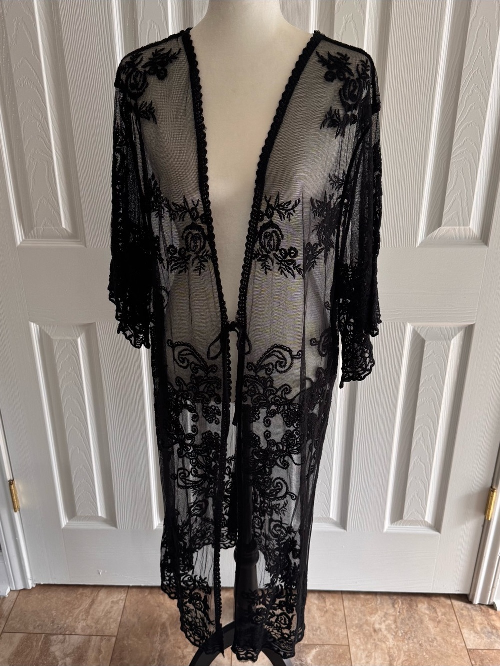 Sheer Black Lace Duster Robe - Elegant Floral Mesh Cover-Up